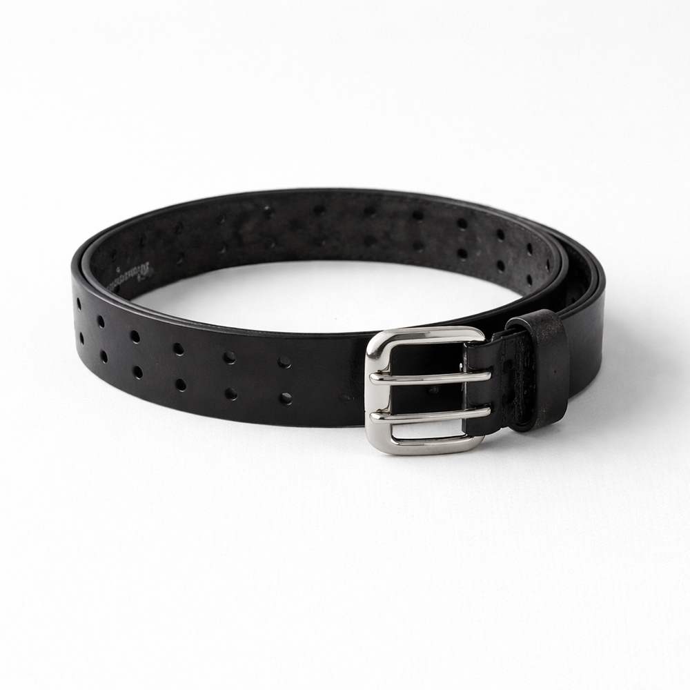 Levi’s Black Bonded Leather Belt Sz 32 / 80 Double Prong Silver Buckle